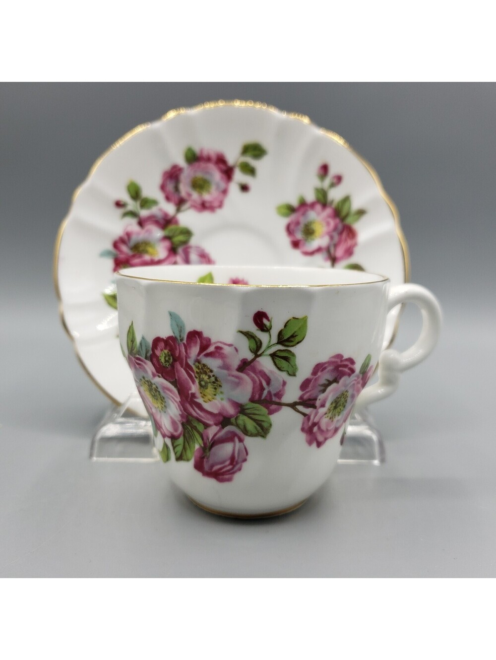 Vintage Staffordshire Teacup & Saucer Set Old Fashioned Roses England Bone China